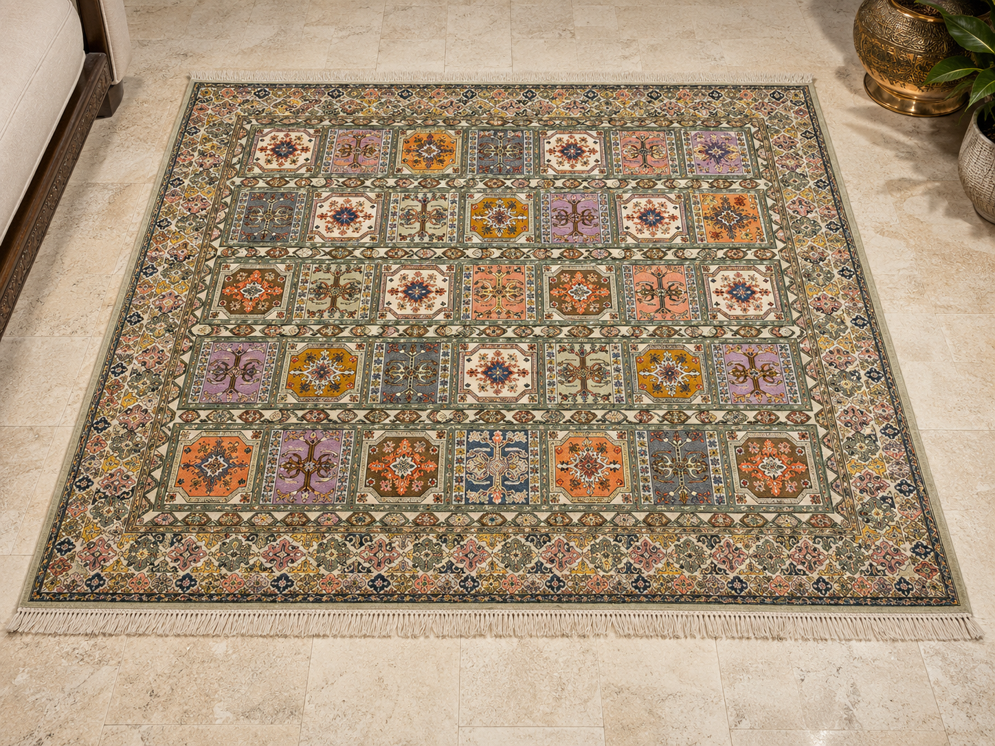 Royal Cartouche Garden Carpet. Rabat rug, c. 1955–1970. 200 × 290 cm.
